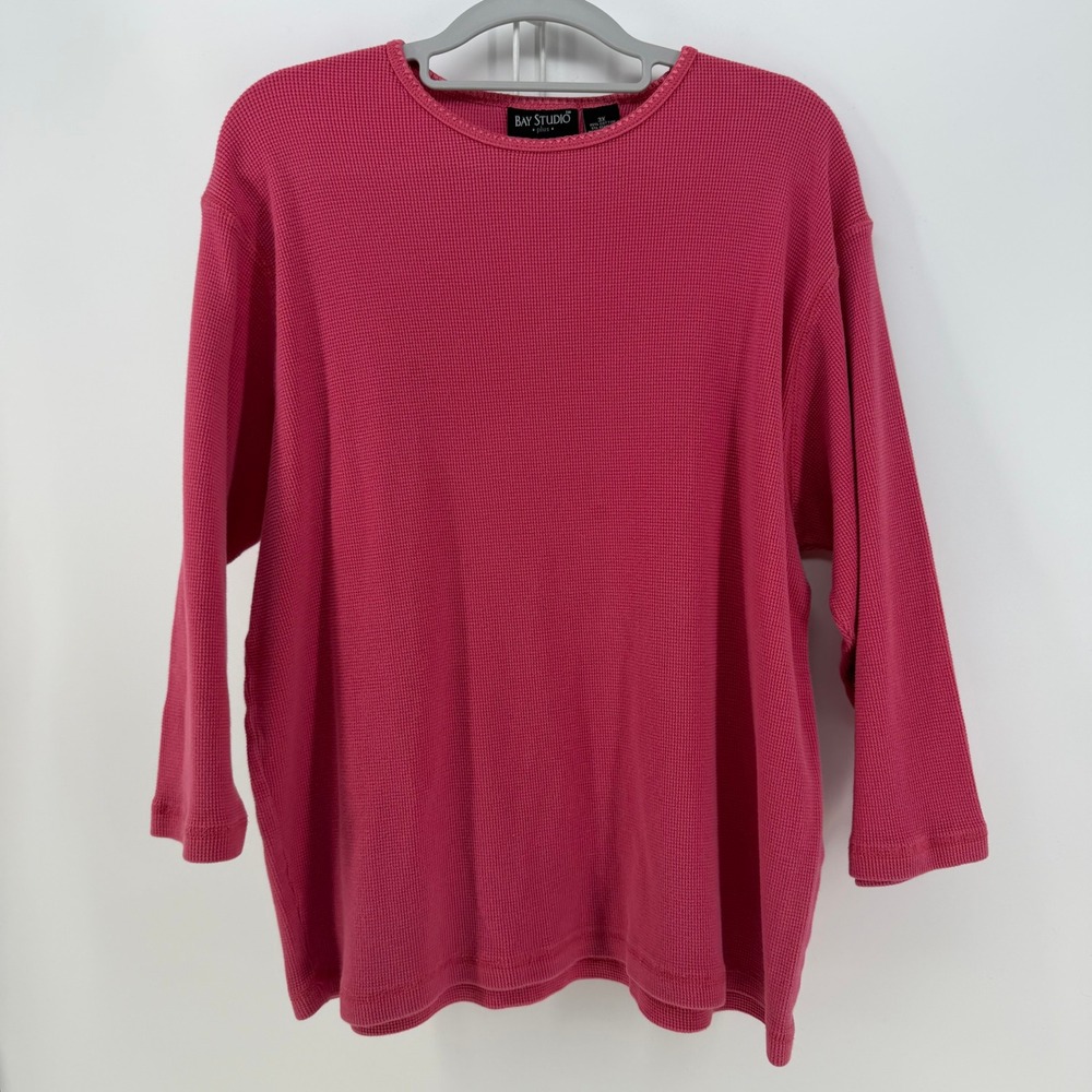 Bay Studio Plus Top Womens 3X Pink Waffle Knit Thermal 3/4 Sleeve Casual Cozy